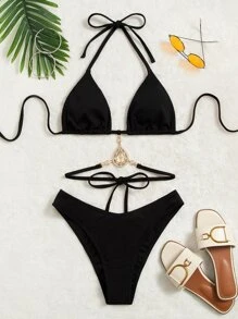 SHEIN PETITE Bikini Halter Con Cordones Para La Playa De Verano - Negro - Ver 5