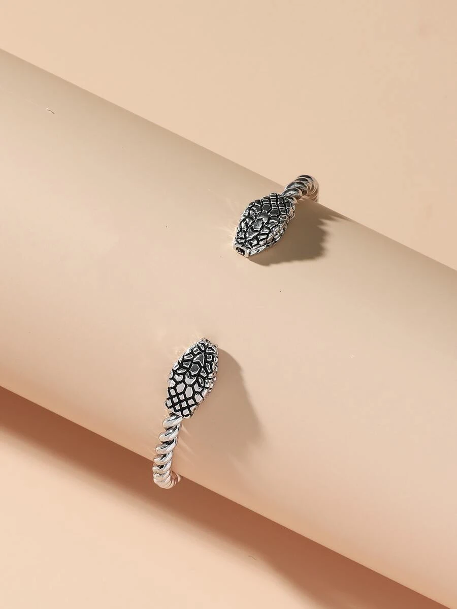 Snake Design Cuff Bangle - Antique Silver - View 1