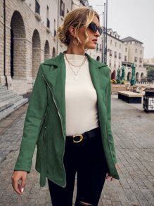 Lapel Neck Zip Up Belted Suedette Jacket