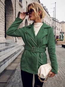 Lapel Neck Zip Up Belted Suedette Jacket