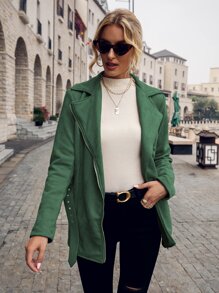 Lapel Neck Zip Up Belted Suedette Jacket