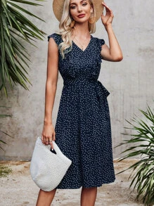 Đầm Thắt lưng Xù Chấm bi Boho - Màu xanh hải quân - Xem 1