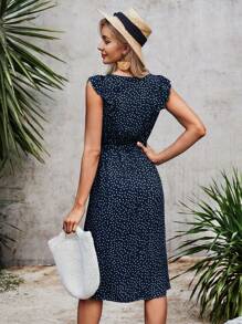 Đầm Thắt lưng Xù Chấm bi Boho - Màu xanh hải quân - Xem 2