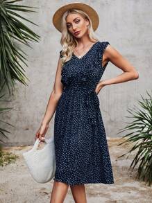 Đầm Thắt lưng Xù Chấm bi Boho - Màu xanh hải quân - Xem 4