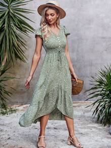 Đầm Thắt nút Viên lá sen Dải chun Nút giả Tất cả trên in Boho - màu xanh lá - Xem 1