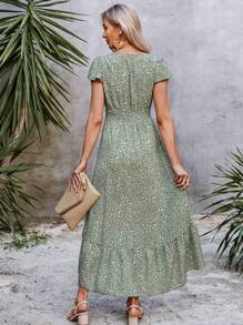 Đầm Thắt nút Viên lá sen Dải chun Nút giả Tất cả trên in Boho - màu xanh lá - Xem 2