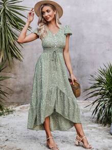 Đầm Thắt nút Viên lá sen Dải chun Nút giả Tất cả trên in Boho - màu xanh lá - Xem 3