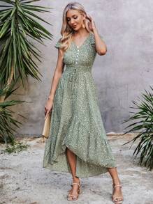 Đầm Thắt nút Viên lá sen Dải chun Nút giả Tất cả trên in Boho - màu xanh lá - Xem 4