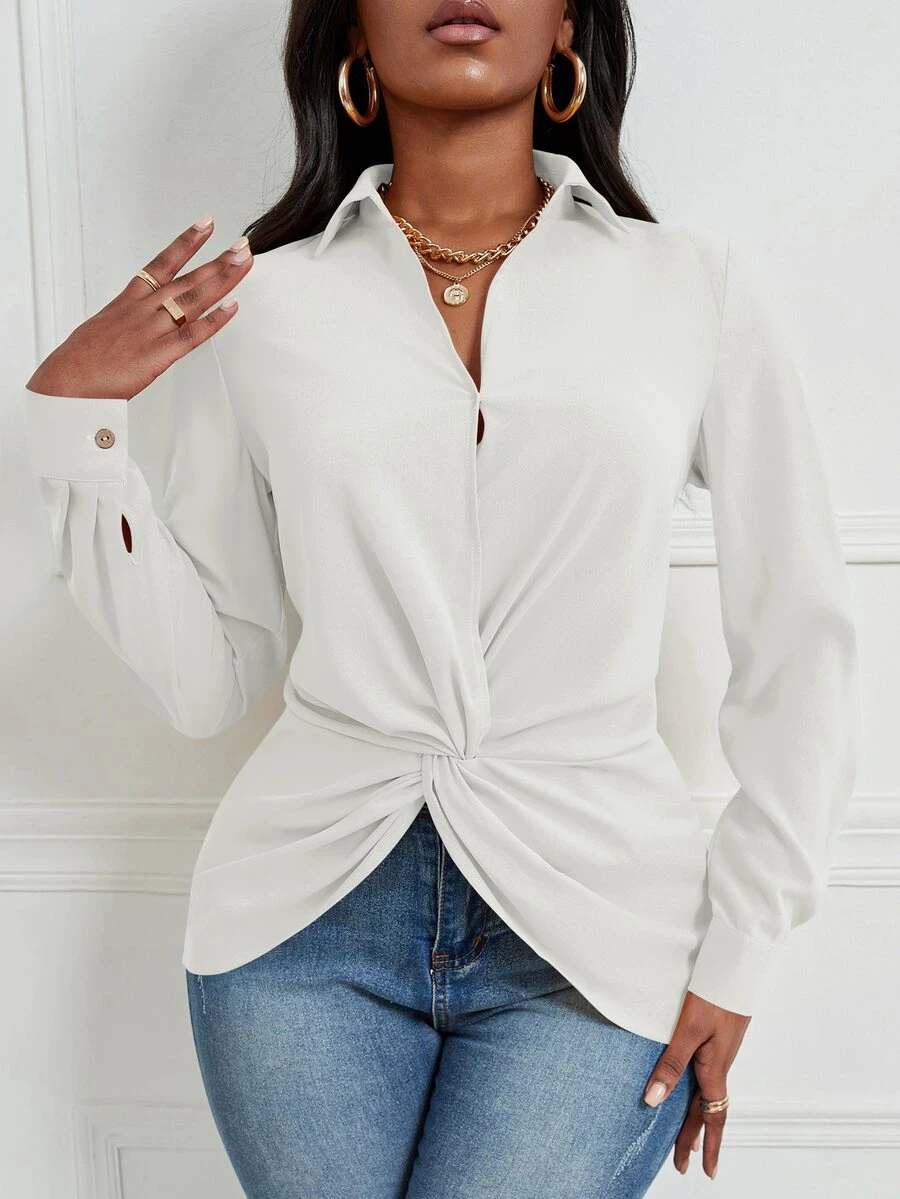 Blusa girante delantero bajo asimétrico - Blanco - Ver 1