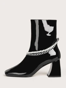 珍珠和鏈條裝飾粗跟靴子 - 黑色 - 查看 2