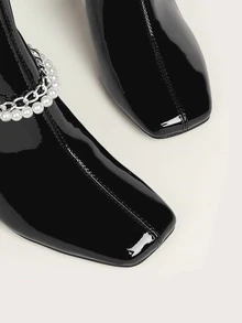 珍珠和鏈條裝飾粗跟靴子 - 黑色 - 查看 3