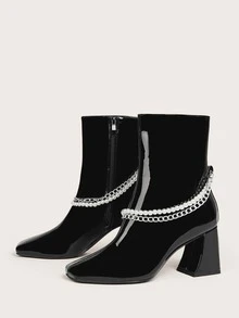 珍珠和鏈條裝飾粗跟靴子 - 黑色 - 查看 4