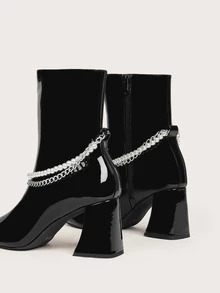 珍珠和鏈條裝飾粗跟靴子 - 黑色 - 查看 5