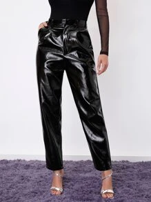 SHEIN High Waist PU Leather Trousers - Black - View 1