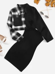 Girls Plaid Panel Blouse & Cami Dress - Black and White - View 1