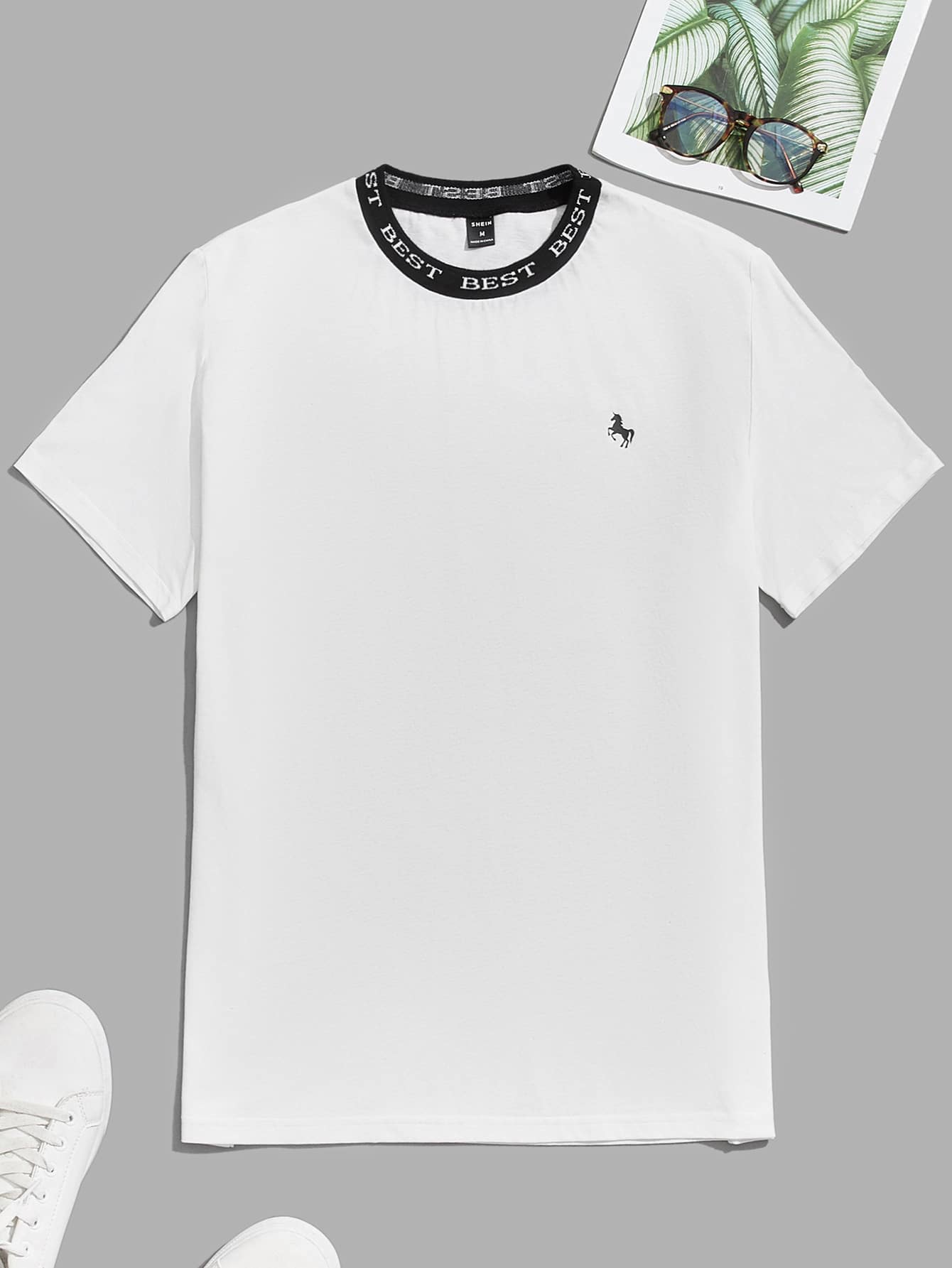 GENTILAND 男士棉字母刺繡獨角獸樣式T恤 - 白色 - 查看 1