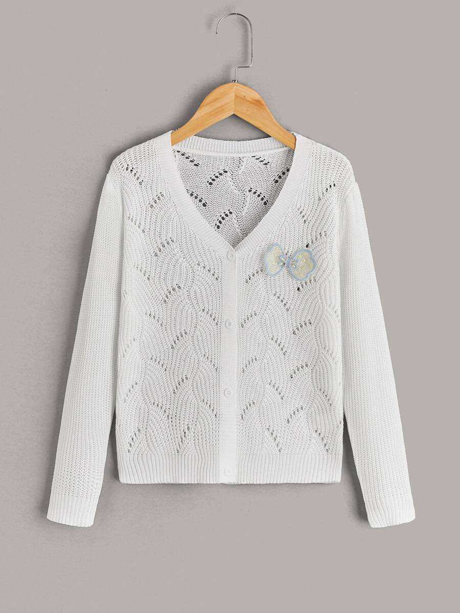 Girls Bow Front Pointelle Knit Cardigan - White - View 1