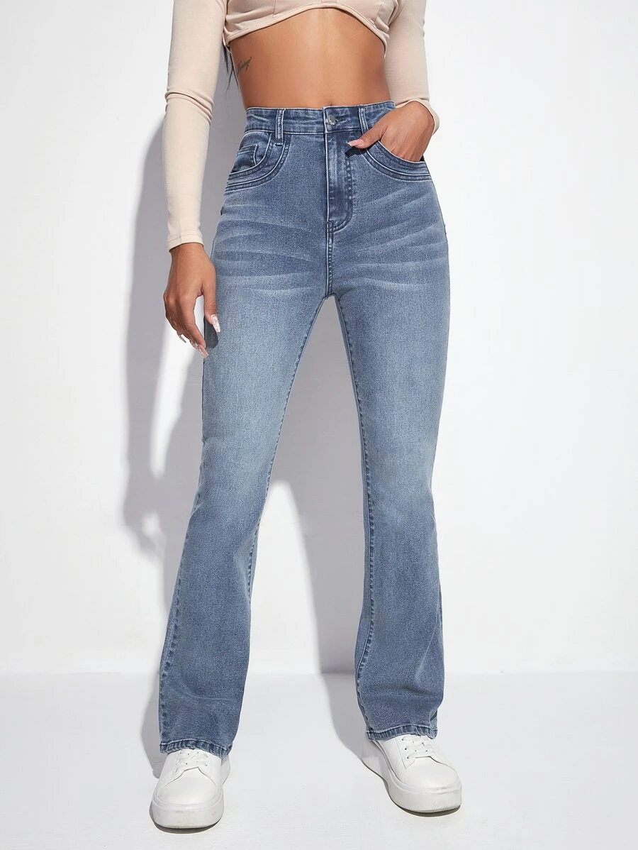 SHEIN EZwear High Waist Bleach Wash Flare Leg Jeans - Light Wash - View 1