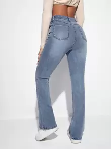 SHEIN EZwear High Waist Bleach Wash Flare Leg Jeans - Light Wash - View 2