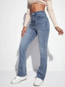 SHEIN EZwear High Waist Bleach Wash Flare Leg Jeans - Light Wash - View 3