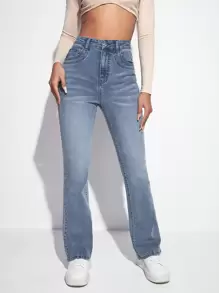 SHEIN EZwear High Waist Bleach Wash Flare Leg Jeans - Light Wash - View 4