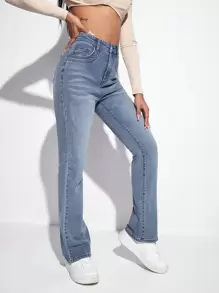 SHEIN EZwear High Waist Bleach Wash Flare Leg Jeans - Light Wash - View 5