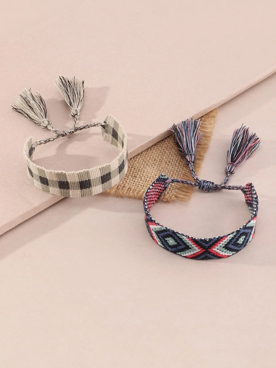 2入組幾何圖案編織手鏈 - 彩色 - 查看 1