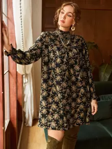 SHEIN Frenchy Plus Allover Floral Print Keyhole Back Dress - Multicolor - View 1