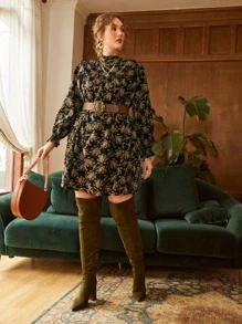 SHEIN Frenchy Plus Allover Floral Print Keyhole Back Dress - Multicolor - View 3