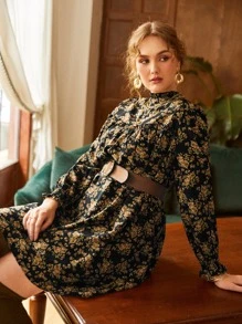 SHEIN Frenchy Plus Allover Floral Print Keyhole Back Dress - Multicolor - View 4