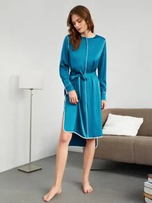 SHEIN Contrast Binding High-Low Lounge Dress - Blue - View 1