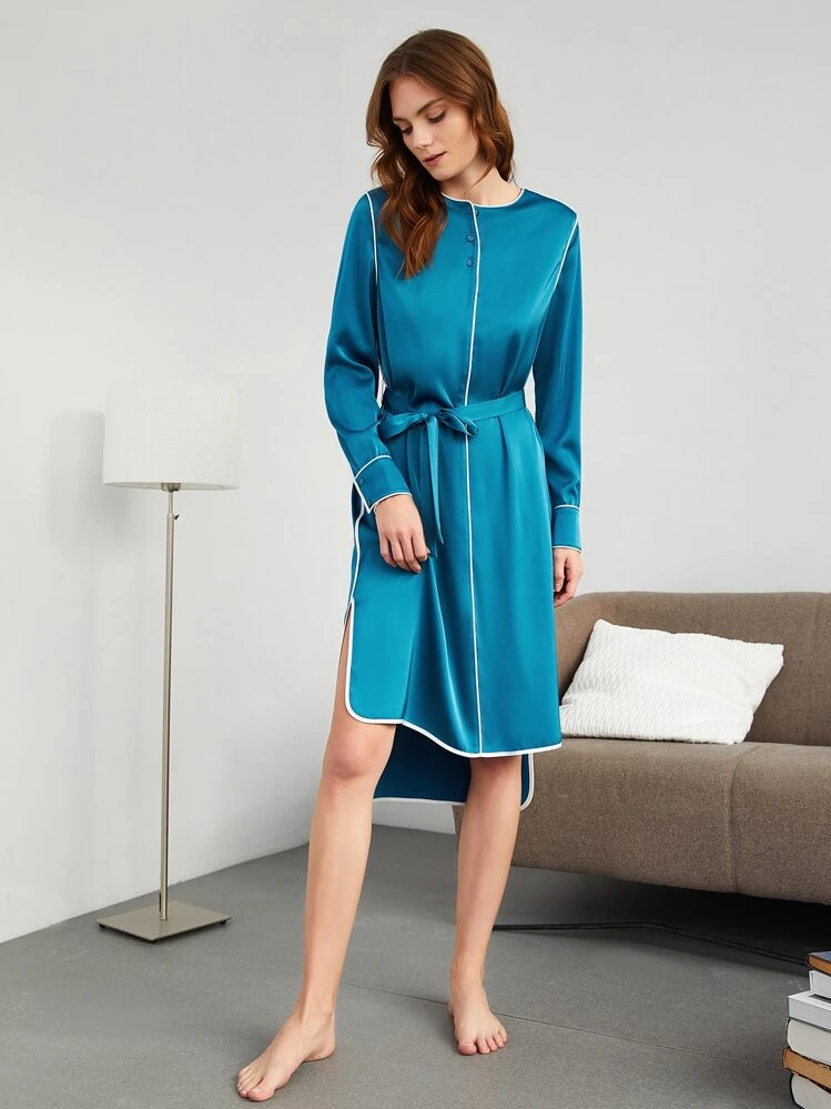SHEIN 撞色滾邊前短後長休閒服洋裝 - 藍色 - 查看 1