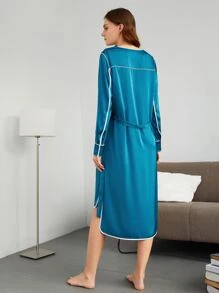 SHEIN Contrast Binding High-Low Lounge Dress - Blue - View 2