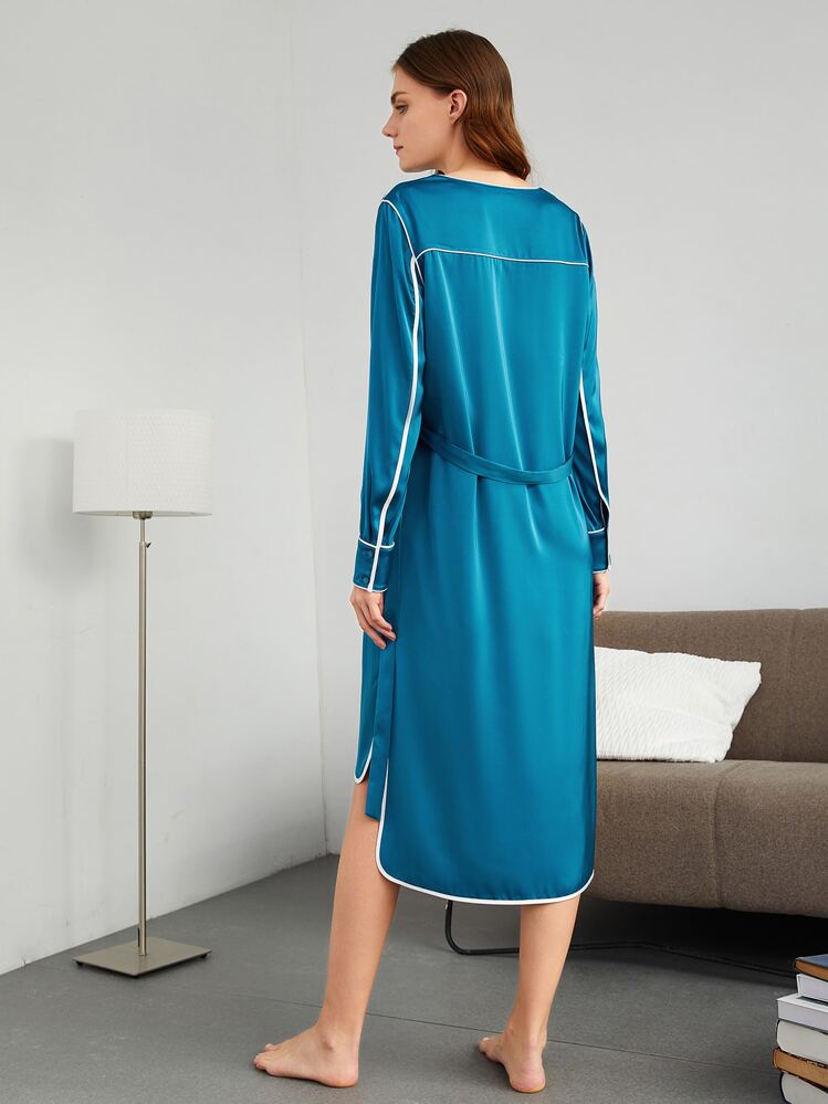 SHEIN 撞色滾邊前短後長休閒服洋裝 - 藍色 - 查看 2