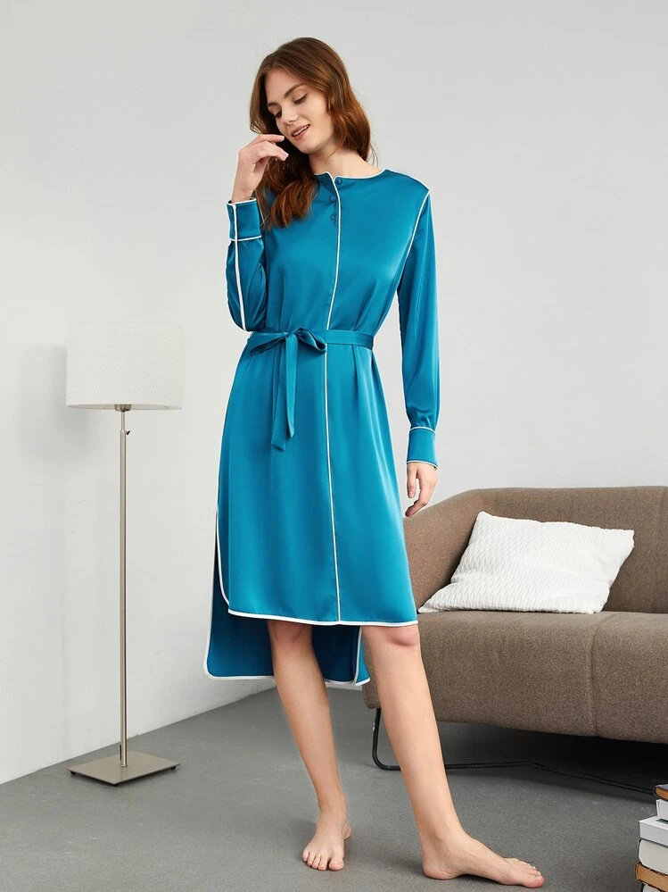 SHEIN 撞色滾邊前短後長休閒服洋裝 - 藍色 - 查看 4