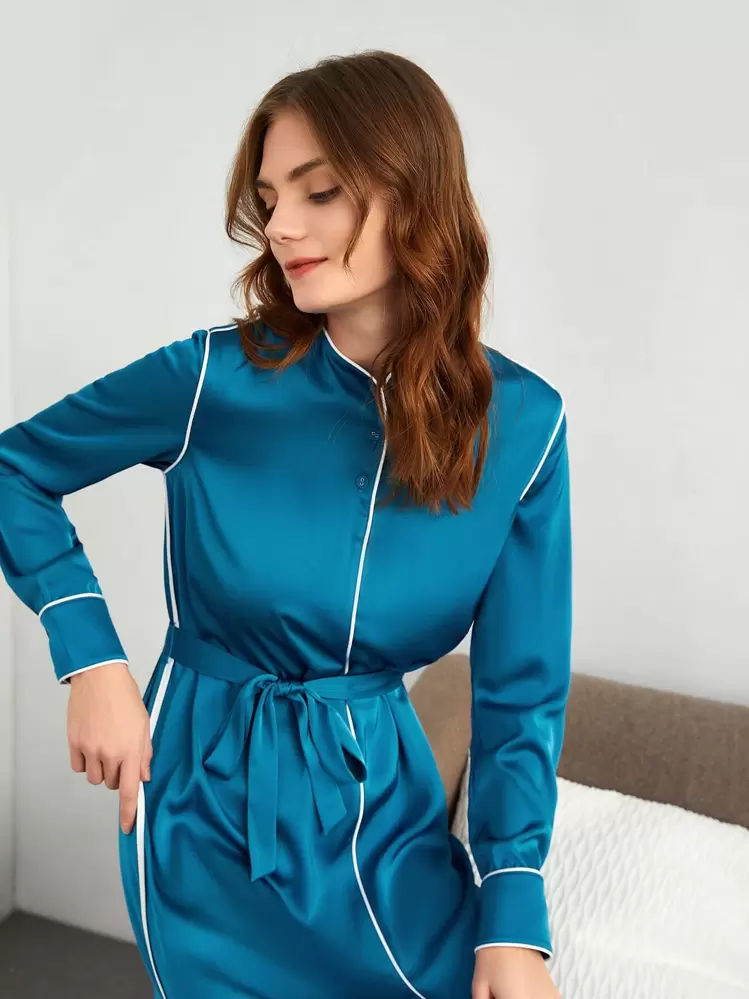 SHEIN 撞色滾邊前短後長休閒服洋裝 - 藍色 - 查看 5