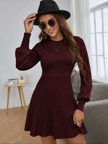 SHEIN Frenchy 燈籠袖條紋針織毛衣裙 - 紫紅色 - 查看 4