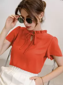 Blusa de cuello con cordón de manga farol - Naranja Quemada - Ver 1