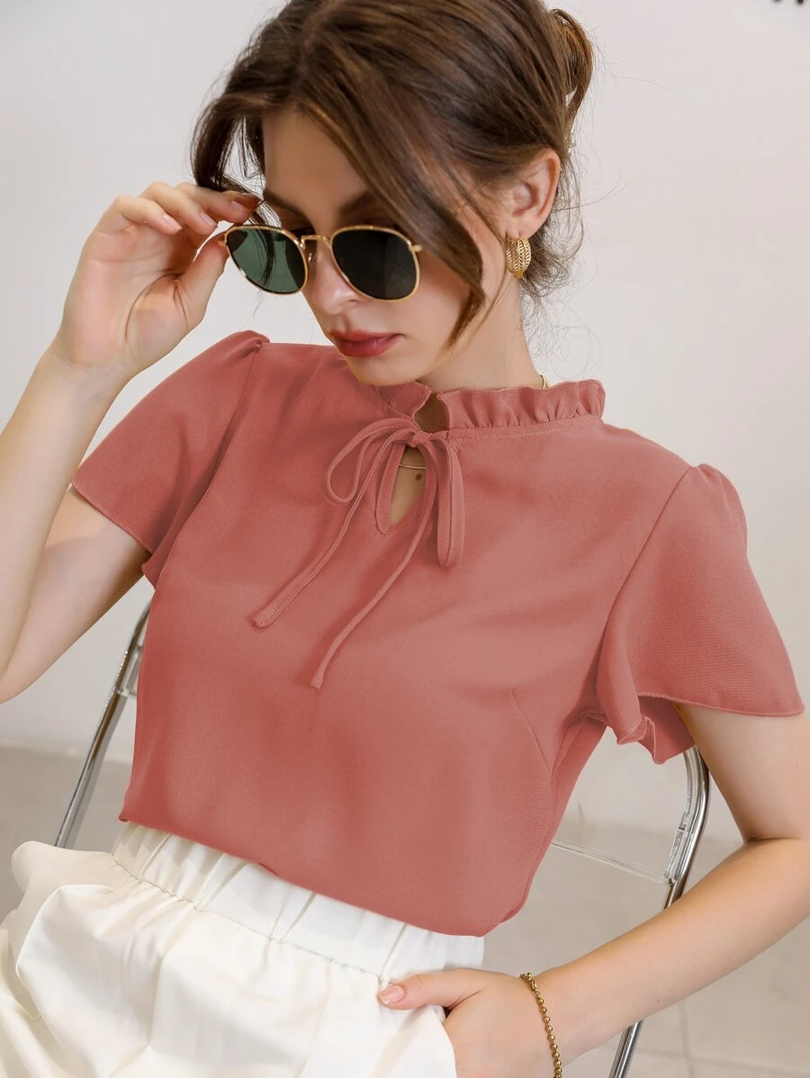 Mulvari Tie Neck Puff Sleeve Blouse - Coral Pink - View 1