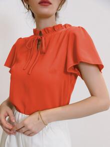 Blusa de cuello con cordón de manga farol - Naranja Quemada - Ver 3