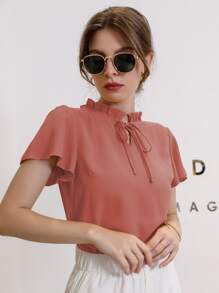 Mulvari Tie Neck Puff Sleeve Blouse - Coral Pink - View 3