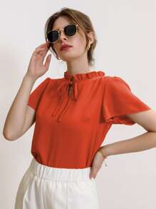 Blusa de cuello con cordón de manga farol - Naranja Quemada - Ver 4