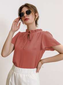 Mulvari Tie Neck Puff Sleeve Blouse - Coral Pink - View 4