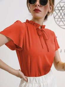 Blusa de cuello con cordón de manga farol - Naranja Quemada - Ver 5