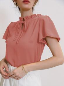 Mulvari Tie Neck Puff Sleeve Blouse - Coral Pink - View 5