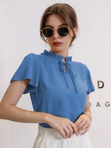 Modelyn Tie Neck Puff Sleeve Blouse - Blue - View 3