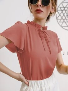 Mulvari Tie Neck Puff Sleeve Blouse - Coral Pink - View 6