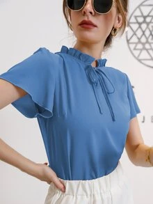 Modelyn Tie Neck Puff Sleeve Blouse - Blue - View 4