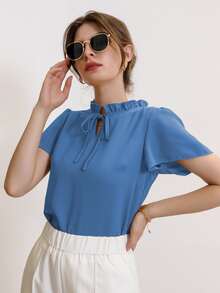 Modelyn Tie Neck Puff Sleeve Blouse - Blue - View 5