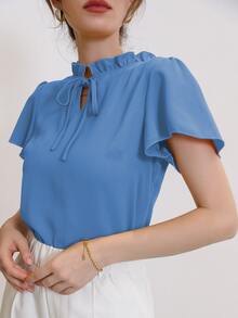 Modelyn Tie Neck Puff Sleeve Blouse - Blue - View 6